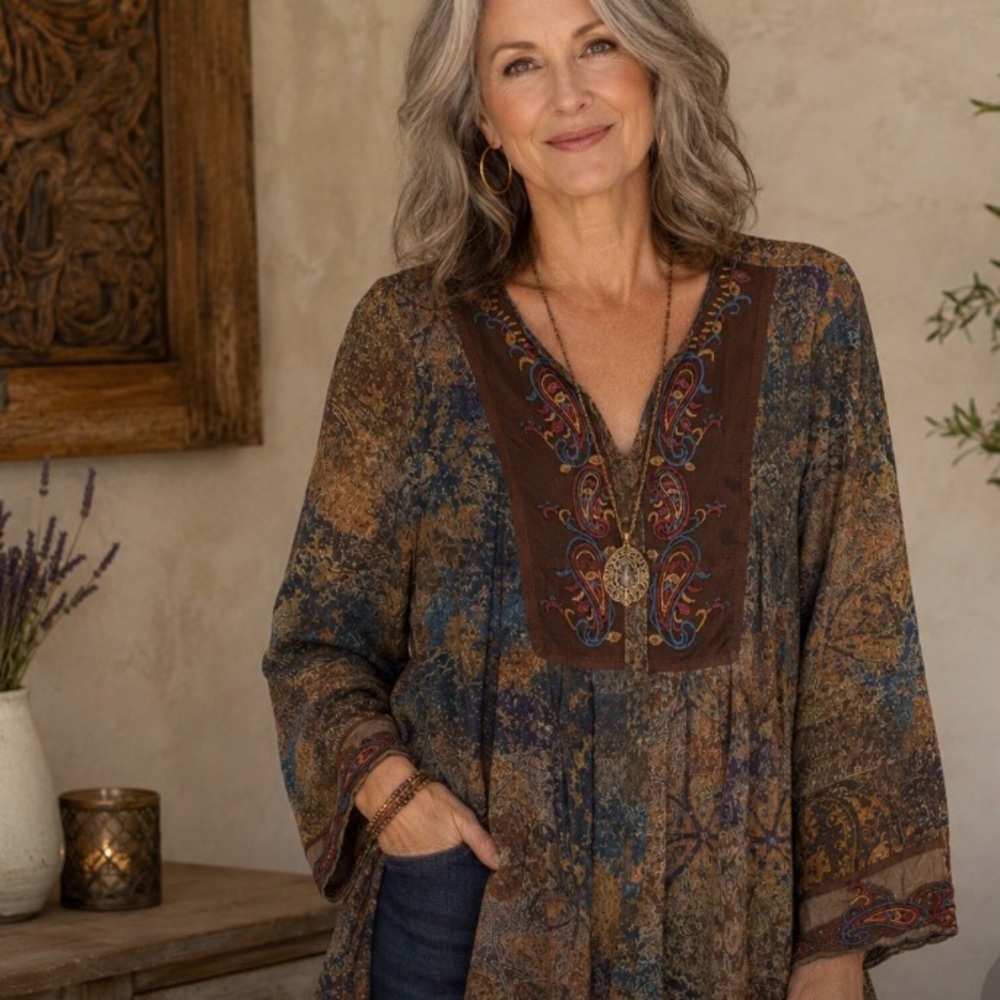 Coldwater Creek Embroidered Boho Tunic Earth Toned Paisley Print Medium Petite